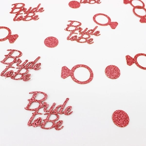 Rose gold glitter confetti set with Bride to Be text and diamond ring shapes for party