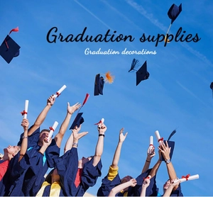Dynamic low angle view of graduates tossing navy blue caps against a clear summer sky
