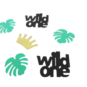 Wild One party confetti set with tropical monstera leaves and gold glitter crowns