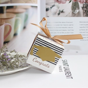 Graduation Favor Box Square Paper Candy Gift Box With Gold Mortarboard Ribbon Congrats Black White Stripes Party Decor