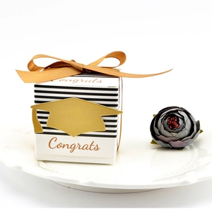 European style graduation candy box with gold mortarboard and black white stripes
