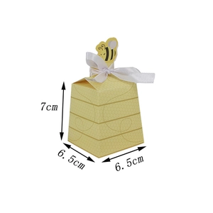 Bee pattern honeycomb candy gift box with white ribbon bow and size markings