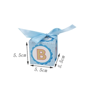 Blue Baby Shower gift box with B letter and silk ribbon bow, 5.5cm cube candy container