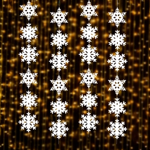 Vertical white snowflake garland decorations with warm bokeh lights for Christmas displays