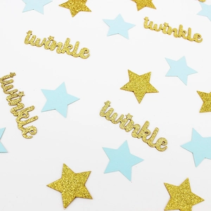 Twinkle star table confetti set with gold glitter and blue stars for baby shower decor