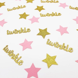 Pink and gold glitter star confetti with twinkle script for baby shower table decor