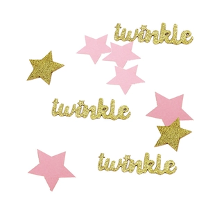 Twinkle star confetti set with gold glitter words and pink stars for party table decor