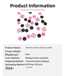 Detail of pink and black 60th birthday table confetti with glitter paper circles