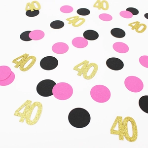 Rose red and gold 40th birthday party confetti with pink and black paper dots decoration
