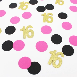 Confetti set with gold glitter number 16 and pink black dots for 16th birthday party