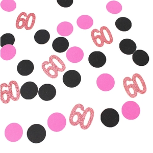 Rose gold glitter number 60 and pink black paper confetti for 60th birthday table decor