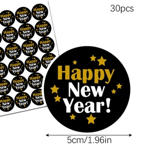 30pcs 5cm New Year party stickers with golden Happy New Year text on black background