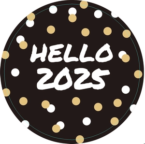 Hello 2025 New Year party round sticker with gold and white dots on a black background