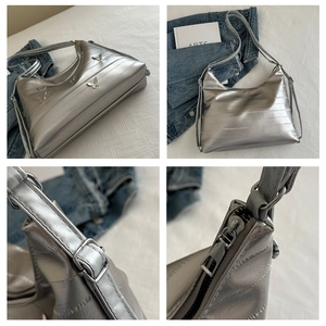 Detail shots of a silver metallic shoulder bag with quilted texture and butterfly charms
