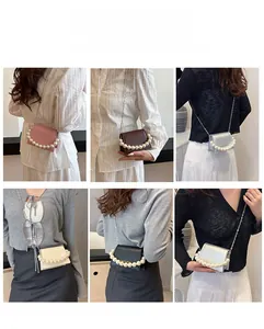 Mini crossbody bags with pearl handles and chain straps in five vibrant colors