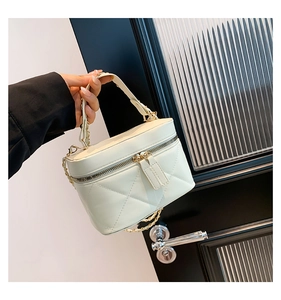 Detail of cream-white quilted mini vanity bag with gold chain strap and dual zippers