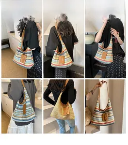 Collage of colorful striped and solid woven straw tote bags shown with leather straps