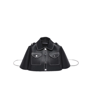 Unique jacket-shaped crossbody bag in black leather with contrast white stitching