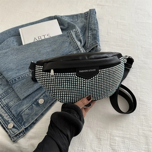 Sac Banane à la Mode avec Strass pour Femme en Cuir PU Sac de Poitrine Brillant Bandoulière Réglable Sac de Fête