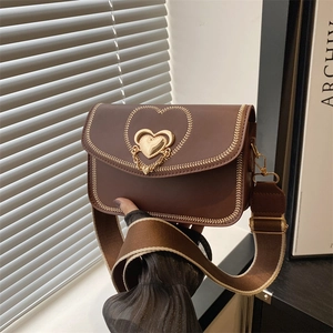 Women Heart Lock PU Leather Small Square Bag Wide Fabric Strap Stitched Detail Casual Fashion Crossbody Shoulder Bag