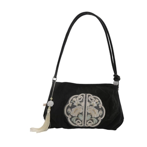 New Chinese style black velvet shoulder bag with floral embroidery and white bead tassels