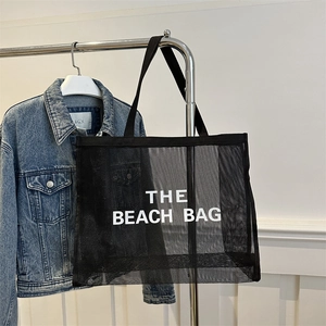 Borsa Tote in Rete Donna Grande Capacità Estate Trasparente Nylon Traspirante Borsa da Spiaggia Stampa Lettere Borsa a Spalla