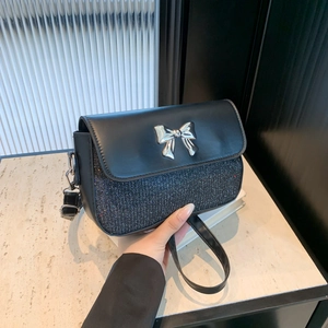 Women Fashion Crossbody Bag PU Leather Glitter Sequin Patchwork Metal Bowknot Small Square Shoulder Bag For Party Daily