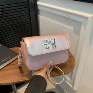 Pink ribbon bow small crossbody bag with premium satin flap and metallic silver accent