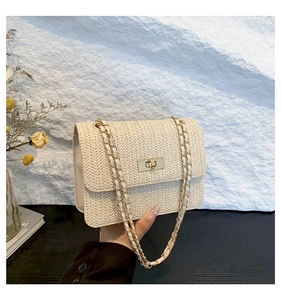 Détail du sac à rabat tissé beige avec fermoir doré et bandoulière en chaîne tressée