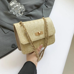 Sac Carré Petit en Paille Tissée Mode Femme Été Minimaliste Chaîne Bandoulière Sacoche Avec Fermoir Métallique Kaki Blanc Cassé