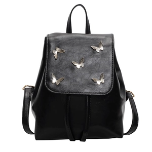 Black PU leather backpack for women featuring silver butterfly metal ornaments