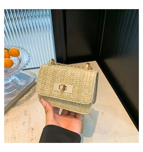 Detail of mini straw bag featuring metallic clasp and gold chain strap in hand