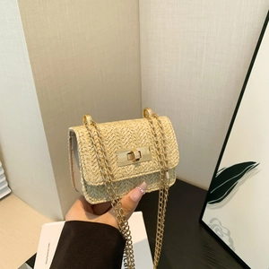 Mini Sac Bandoulière pour Femmes en Paille Tissée avec Chaîne Dorée Fermoir en Métal Petit Sac Carré pour Vacances d'Été