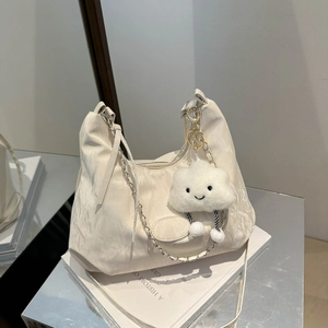 Women Pleated Hobo Bag PU Leather Large Capacity Chain Shoulder Bag Casual Crossbody Commuter Bag With Cloud Pendant Urban Style