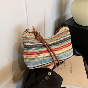 Women Rainbow Striped Straw Woven Underarm Bag Large Capacity Summer Beach Shoulder Tote Bag With Knot Design Synthetic Leather Strap
