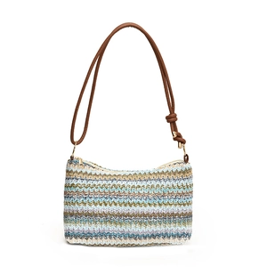 Chic multicolor hand-woven straw shoulder bag with contrast knit patterns and brown strap