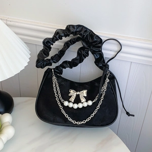 Borsa Sottobraccio Chic da Donna in Pelle PU Con Catena di Künstliche Perle e Fiocco Tracolla Plissettata Trendy Hobo Borsa a Spalla