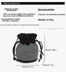Detailed dimensions of rhinestone suede bucket bag with width 14cm and height 18cm