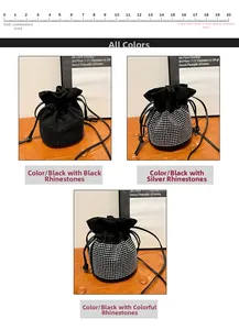 Close-up of drawstring rhinestone bucket bag in black with silver and colored crystals