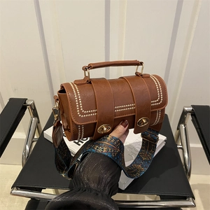 Women Vintage PU Leather Cylinder Crossbody Bag With Wide Embroidered Bohemian Strap Golden Rivet Lock Handbag Shoulder Bag