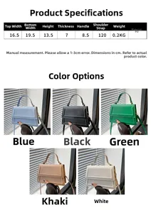 Detailed size guide and color options for the PU leather crossbody bag showing dimensions