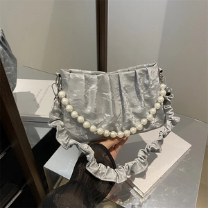 Silver metallic pleated cloud bag with elegant pearl strap and wide shoulder strap