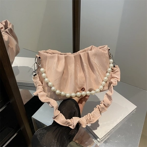 Ruched Cloud Shoulder Bag PU Leather Artificial Pearl Handle Underarm Handbag Elegant Fashion For Women Party Evening Accessory