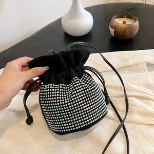 Women Rhinestone Bucket Bag Suede Fabric Drawstring Crossbody Bag Shiny Evening Party Single Shoulder Bag Fashion Pleated Small Purse