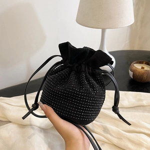 Sparkling black rhinestone drawstring bucket bag for women with elegant suede finish