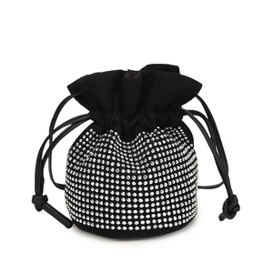 Chic black drawstring bucket bag for women with sparkling silver rhinestone embellishments
