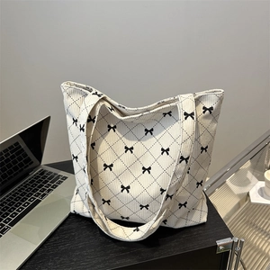 Women Corduroy Bow Diamond Print Tote Bag Large Capacity Casual Shoulder Bag Retro Sweet Style Handbag For Daily Use