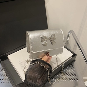 Elegant silver mini crossbody bag with metallic bow and chain strap for women
