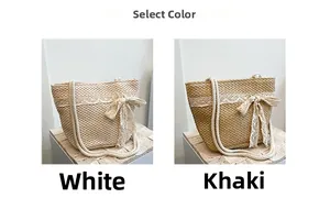 Detail view of woven tote bag textures in white and khaki with lace bow and cotton handles