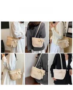 Detailed views of woven straw tote bag with lace trim and bow on various outfits